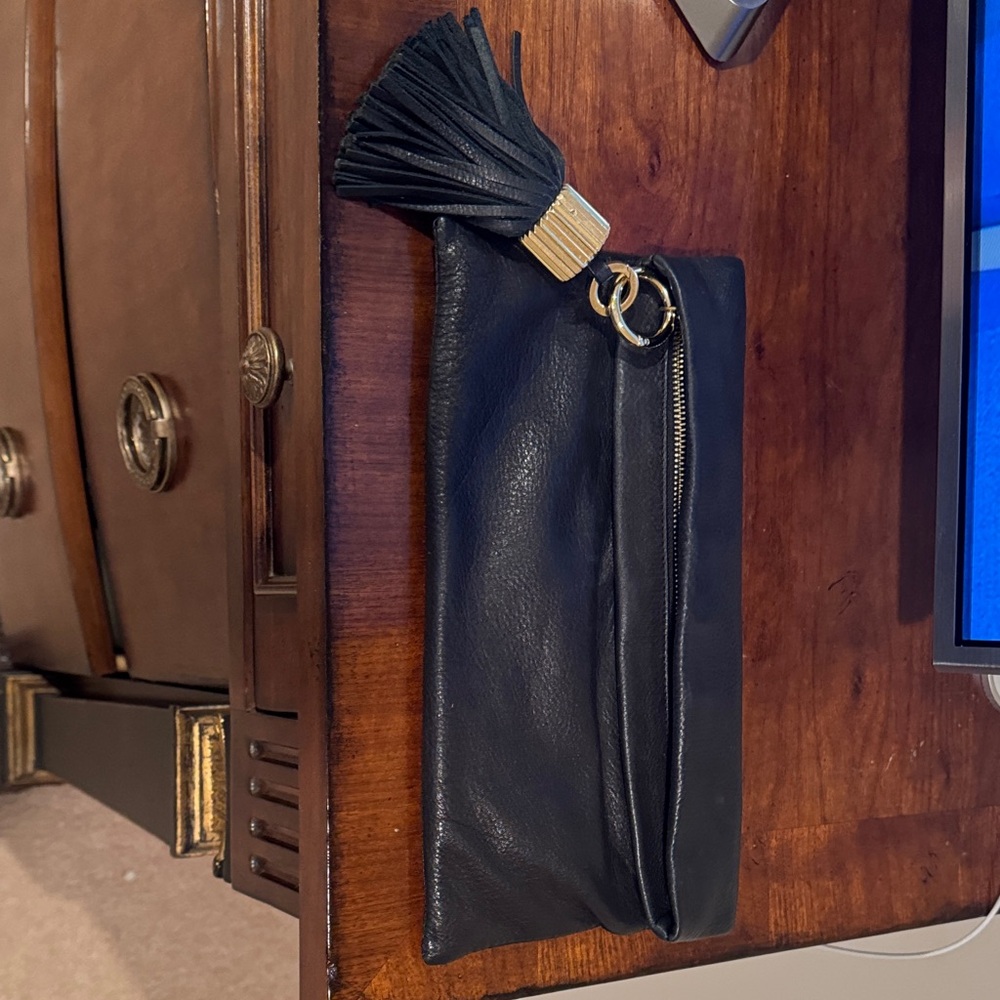 India Hicks Black Leather Clutch Bag with Tassel